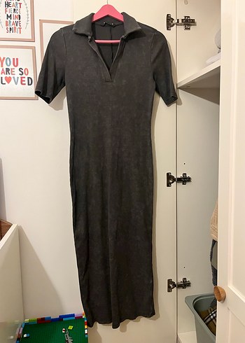 V Yaka Gri Uzun Kadın Elbise - Görsel 2