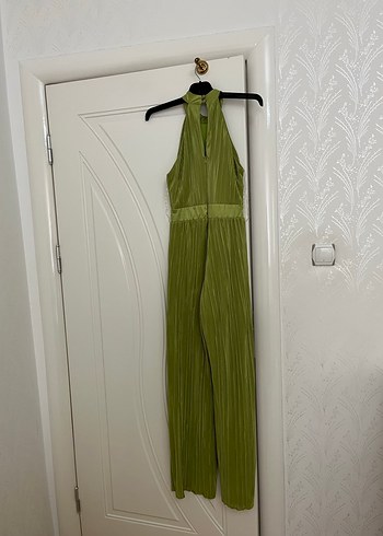 Yağ Yeşili Piliseli Uzun Kadın Tulum - Görsel 4