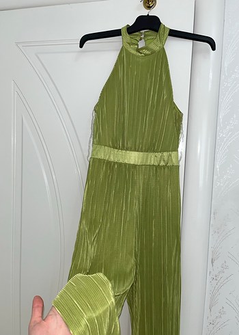 Yağ Yeşili Piliseli Uzun Kadın Tulum - Görsel 3