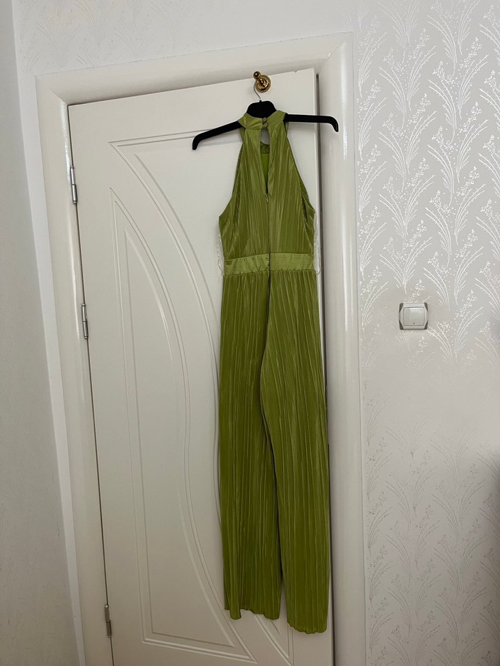 Yağ Yeşili Piliseli Uzun Kadın Tulum - Görsel 4