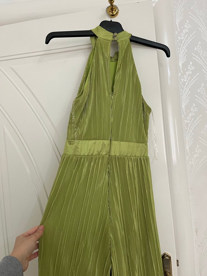 Yağ Yeşili Piliseli Uzun Kadın Tulum - Görsel 5