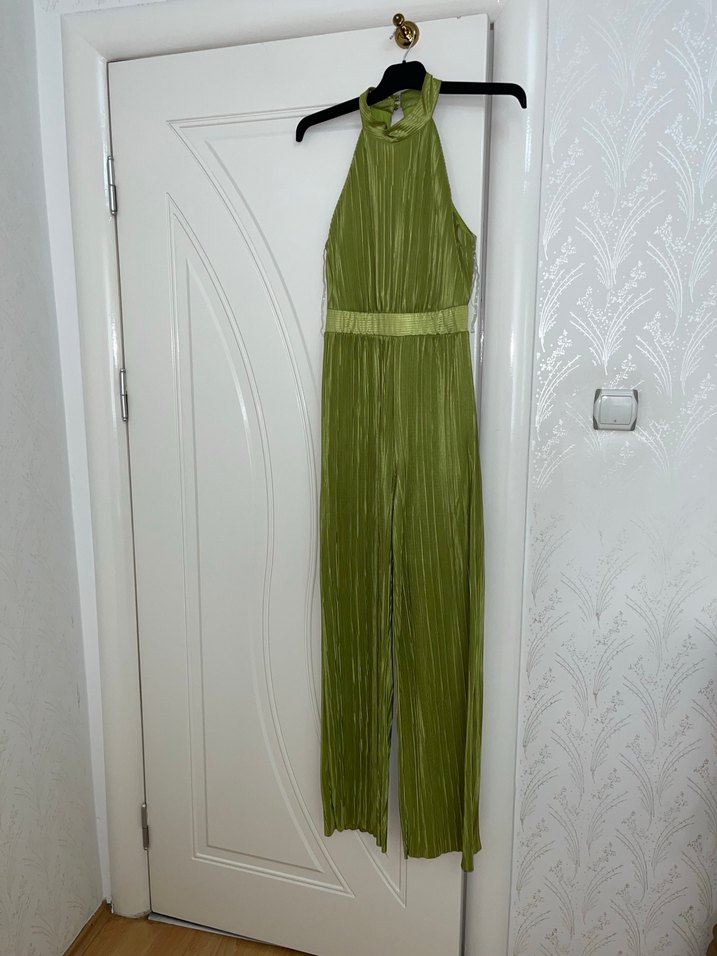 Yağ Yeşili Piliseli Uzun Kadın Tulum - Görsel 2