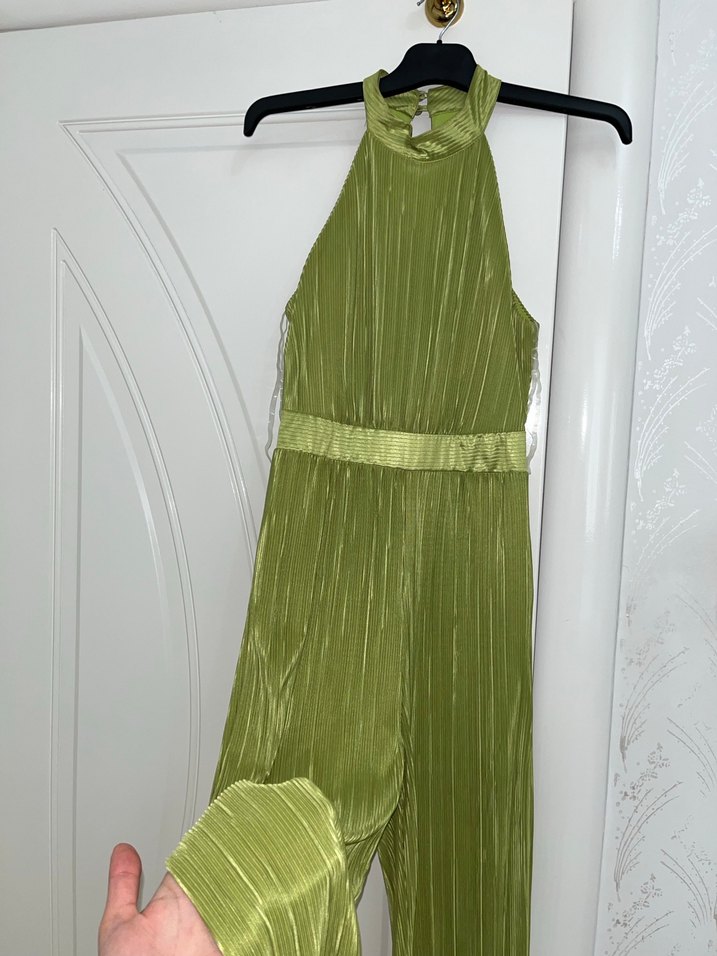 Yağ Yeşili Piliseli Uzun Kadın Tulum - Görsel 3