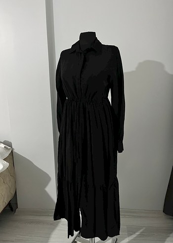 Siyah Pileli Uzun Keten Elbise - Görsel 4