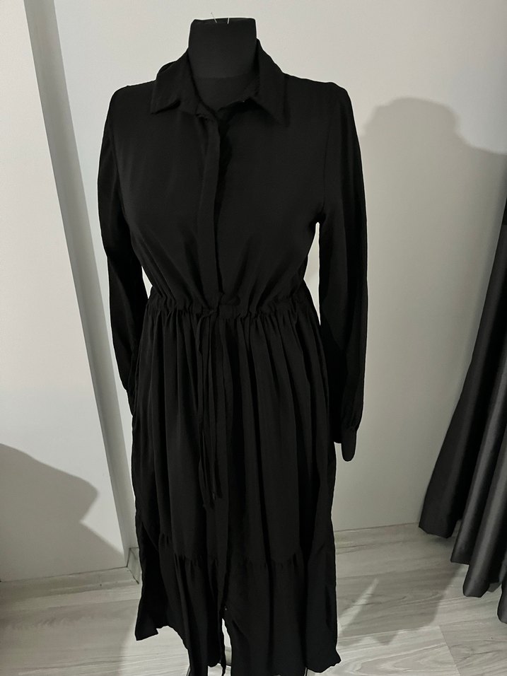 Siyah Pileli Uzun Keten Elbise - Görsel 5