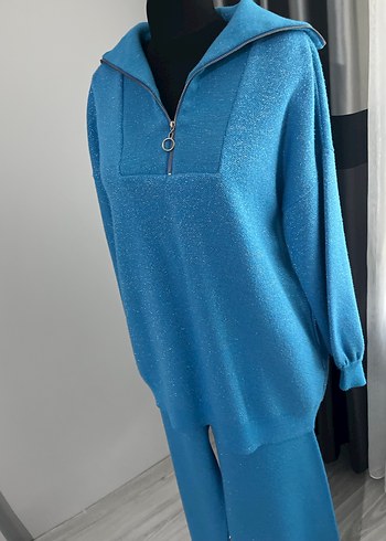 Mavi Yüksek Yakalı Fermuarlı Kadın Kazak lı takım - Görsel 2