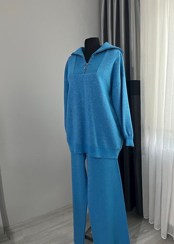 Mavi Yüksek Yakalı Fermuarlı Kadın Kazak lı takım - Görsel 3
