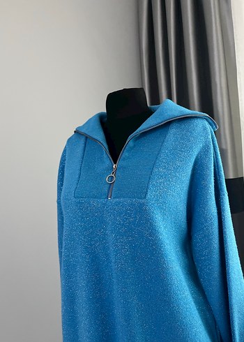 Mavi Yüksek Yakalı Fermuarlı Kadın Kazak lı takım - Görsel 4