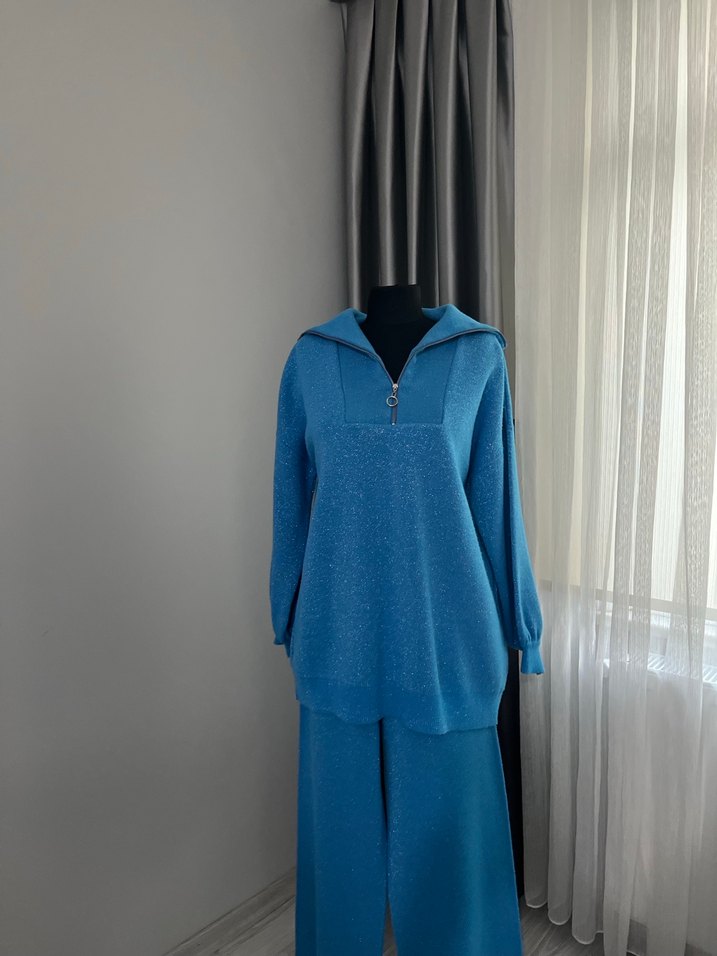 Mavi Yüksek Yakalı Fermuarlı Kadın Kazak lı takım - Görsel 5