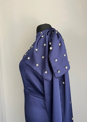 Uzun Lacivert Drapeli Abiye Elbise - Görsel 4