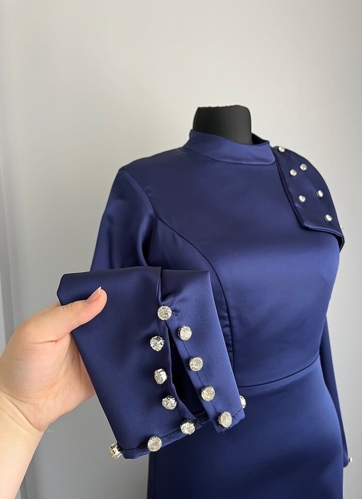 Uzun Lacivert Drapeli Abiye Elbise - Görsel 3