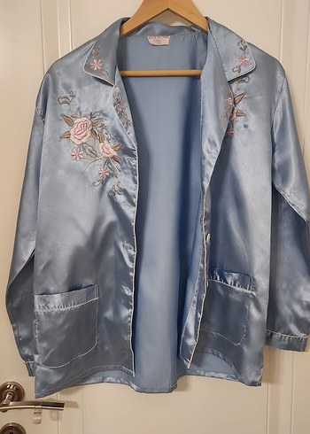 Mavi Nakışlı Vintage Kadın Pijama Takımı - Görsel 5