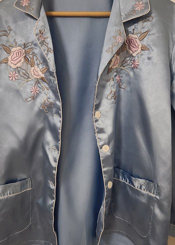 Mavi Nakışlı Vintage Kadın Pijama Takımı - Görsel 4