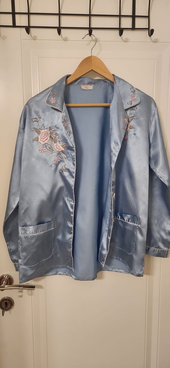 Mavi Nakışlı Vintage Kadın Pijama Takımı - Görsel 5