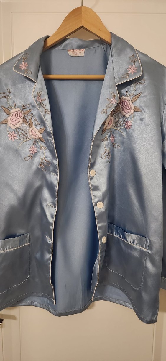 Mavi Nakışlı Vintage Kadın Pijama Takımı - Görsel 4