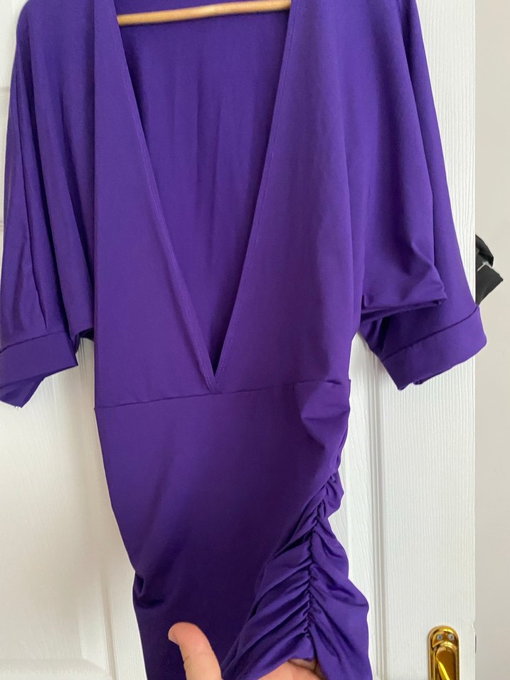 Mor Drape Detaylı V Yaka elbise - Görsel 2