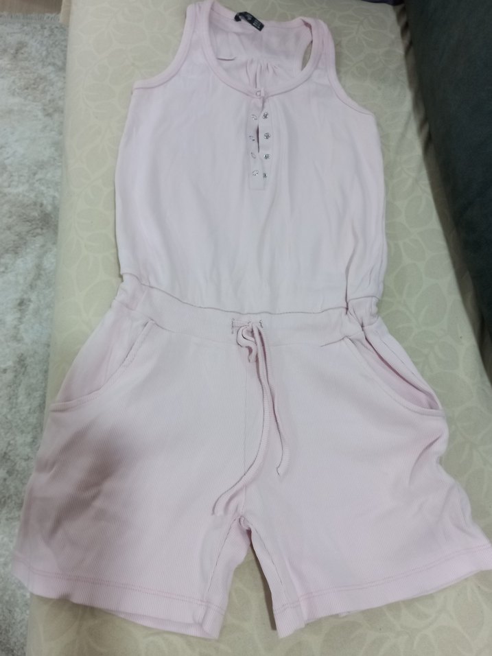 Pembe kolsuz, cepli, pamuklu, esnek, şortlu  tulum. sorunsuz S-M - Görsel 3