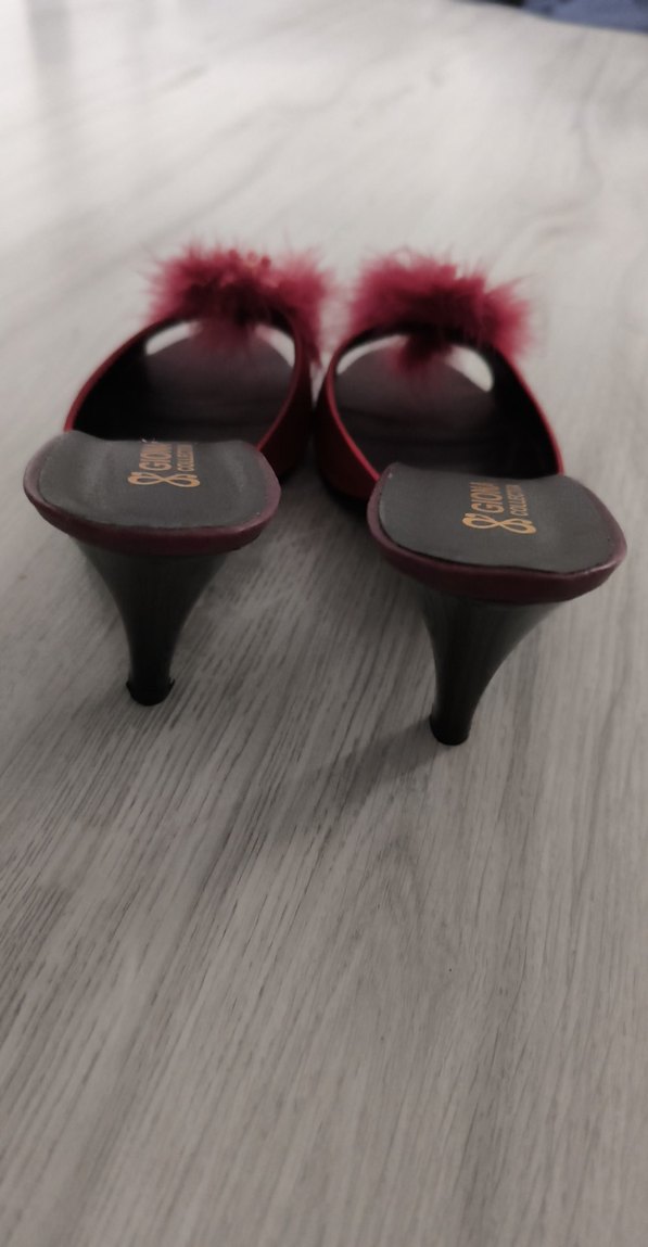 Bordo Kürklü Yüksek Topuklu Kadın Terlik - Görsel 5