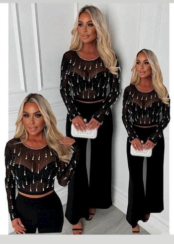 Dalgıç kumaş pantolon tül inci detay bluz tasarım ikili takım - Görsel 3