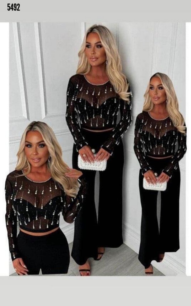 Dalgıç kumaş pantolon tül inci detay bluz tasarım ikili takım - Görsel 3