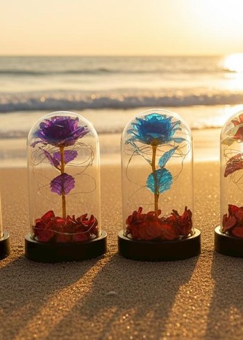 Renkli Işıklı Cam Fanus İçinde Gül Dekorasyonu - Görsel 2