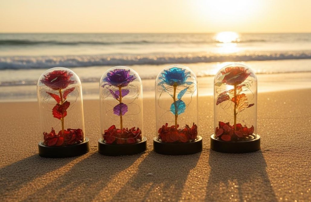 Renkli Işıklı Cam Fanus İçinde Gül Dekorasyonu - Görsel 2