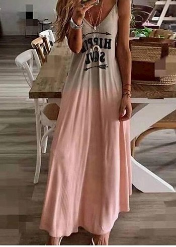Pembe Batik Desenli Uzun Bohem Elbise