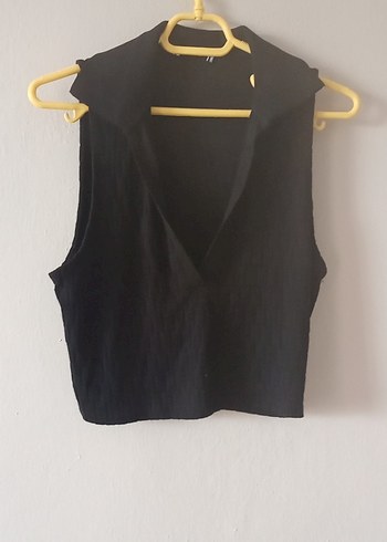 Siyah Kolsuz V Yaka triko Crop Top