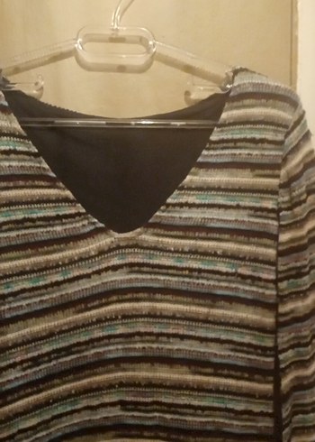 V Yaka Çizgili Bohem Triko Elbise - Görsel 3