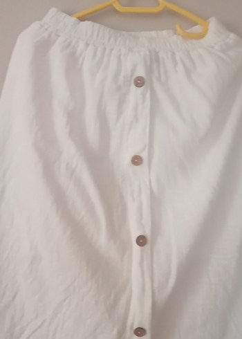 Düğmeli Beyaz Midi Keten Etek takım - Görsel 3