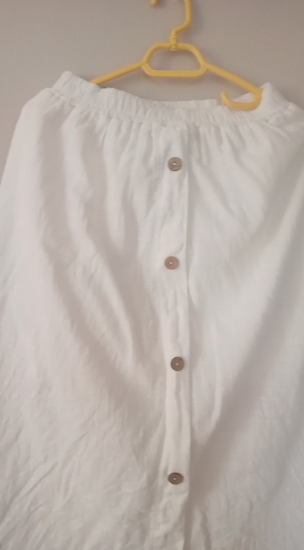 Düğmeli Beyaz Midi Keten Etek takım - Görsel 3