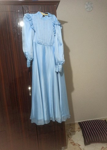 Mavi Vintage Uzun Kollu Pilili Abiye Elbise