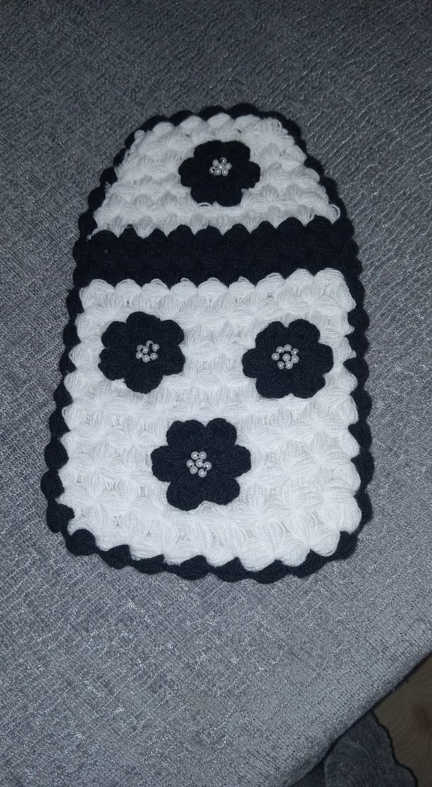 Siyah-beyaz renkli Çiçekli El Örgüsü Banyo lifi - Görsel 2