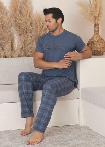 Mavi Gri Erkek Kısa Kollu Pijama Takımı - Görsel 2