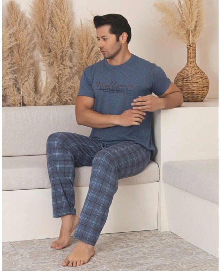 Mavi Gri Erkek Kısa Kollu Pijama Takımı - Görsel 2