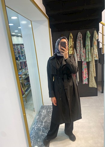 Kemerli Siyah Uzun Kadın Trençkot