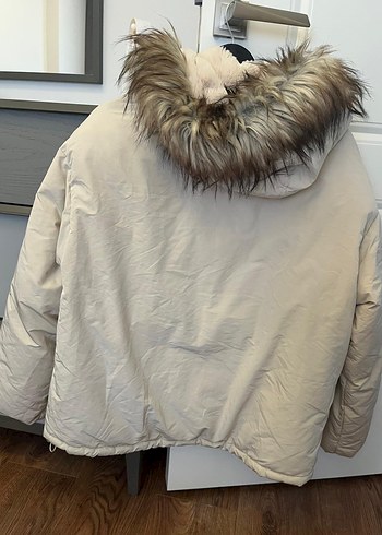 Bej Kadın Midi Kaban, Kürk Detaylı, Rahat Kesim - Görsel 2