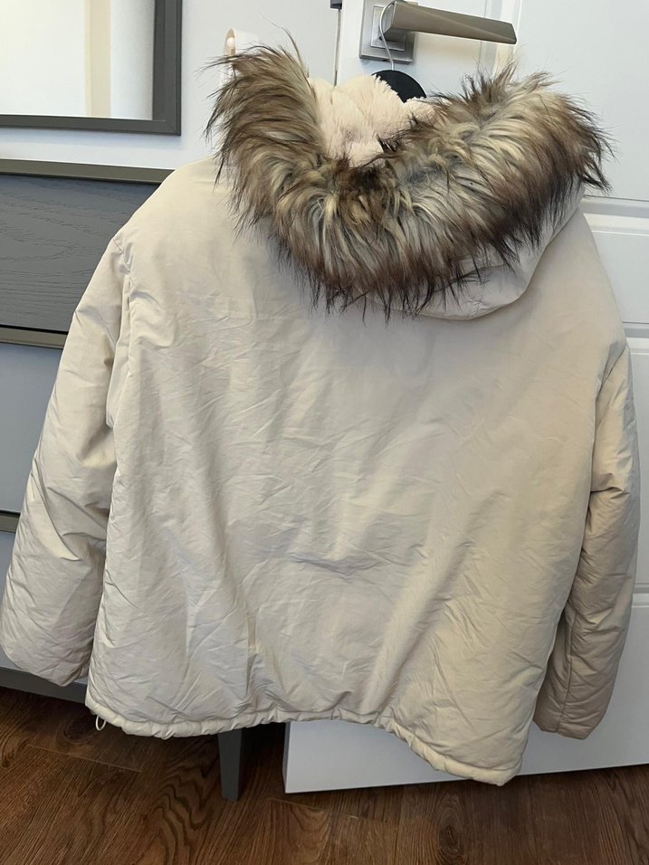 Bej Kadın Midi Kaban, Kürk Detaylı, Rahat Kesim - Görsel 2