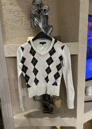 Tommy Hilfiger V Yaka Beyaz Desenli İnce Triko Kazak