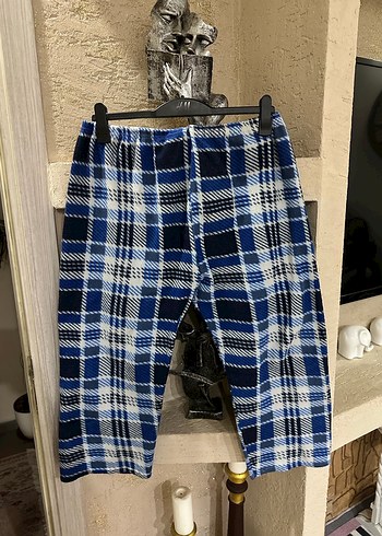 Unısex Mavi Kısa Kareli Kumaş Pijama - Görsel 2