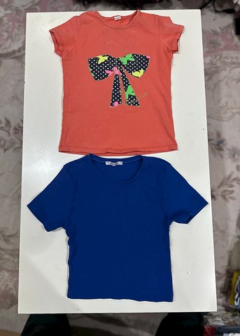 Kız Çocuk Renkli Baskılı ve Düz Kısa Kollu Tişört - Görsel 2