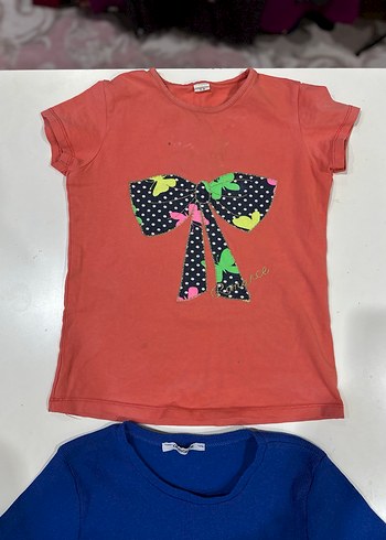 Kız Çocuk Renkli Baskılı ve Düz Kısa Kollu Tişört - Görsel 3