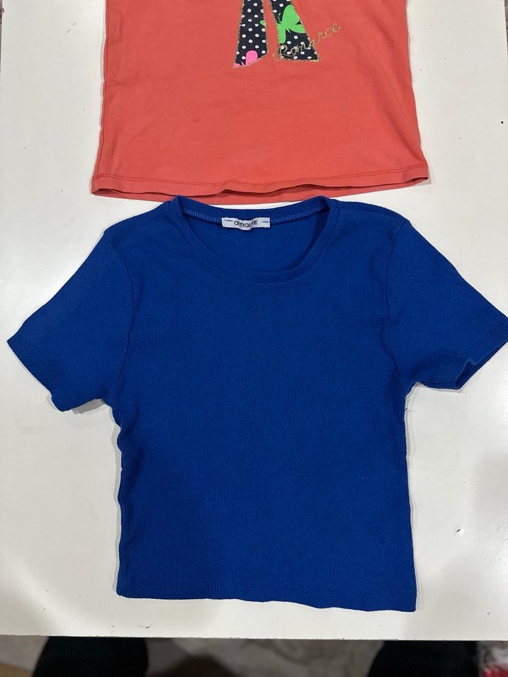 Kız Çocuk Renkli Baskılı ve Düz Kısa Kollu Tişört - Görsel 4