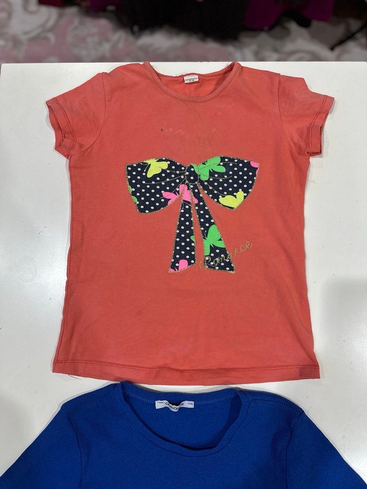 Kız Çocuk Renkli Baskılı ve Düz Kısa Kollu Tişört - Görsel 3