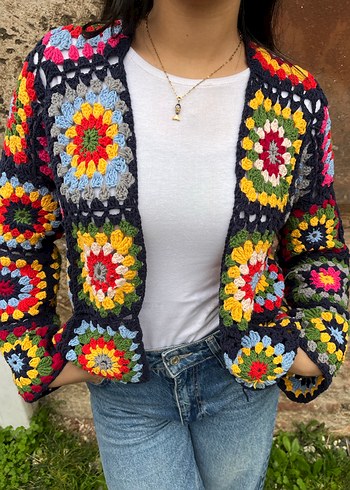 Renkli Örgü Bohem Kadın Motif Hırka - Görsel 2