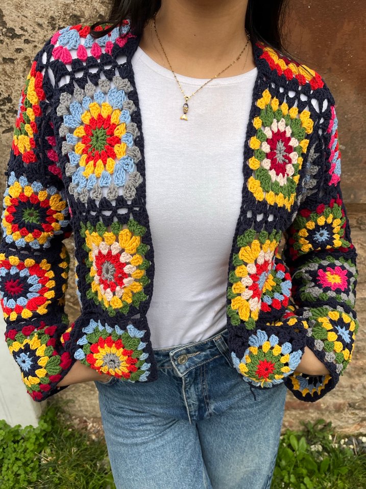 Renkli Örgü Bohem Kadın Motif Hırka - Görsel 2