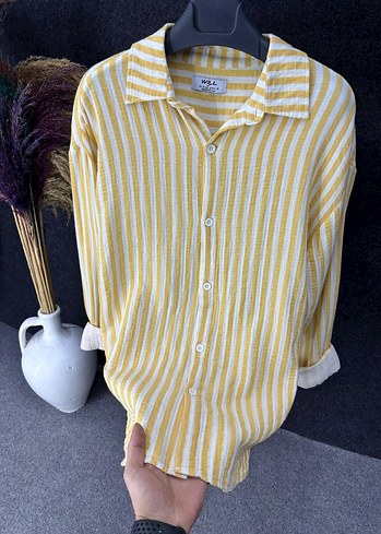 l/xl Beden Düğmeli Çizgili Keten Gömlek