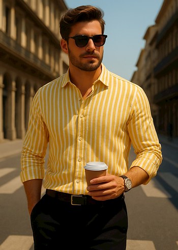 Sarı Çizgili Regular Fit keten Pamuk Gömlek