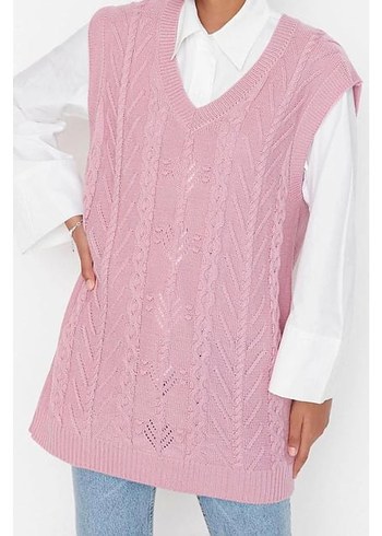 Pembe V Yaka Triko Kadın Süveter