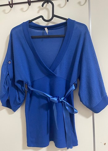 Kuşaklı V Yaka Mavi Kadın Bluz - Görsel 2